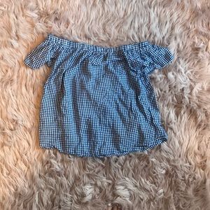 • checkered off the shoulder shirt